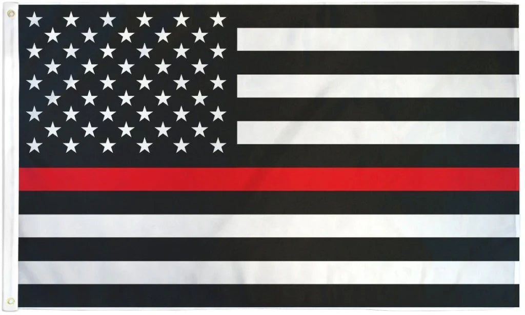 Thin red line American flag with black, white, and a single red stripe supporting first responders