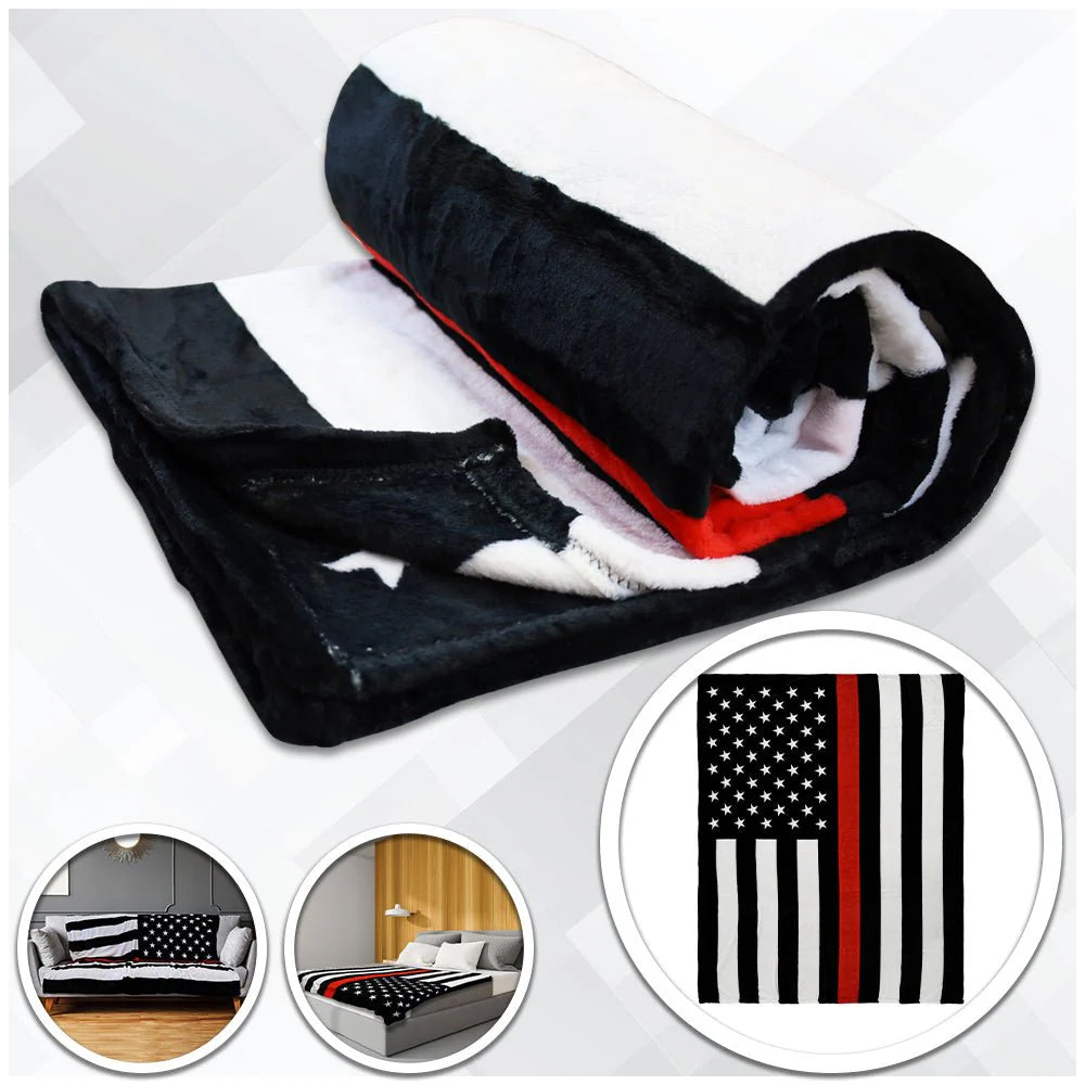 Soft plush Thin Red Line American flag blanket 50x60in on sofa and bed, Proud & Free store