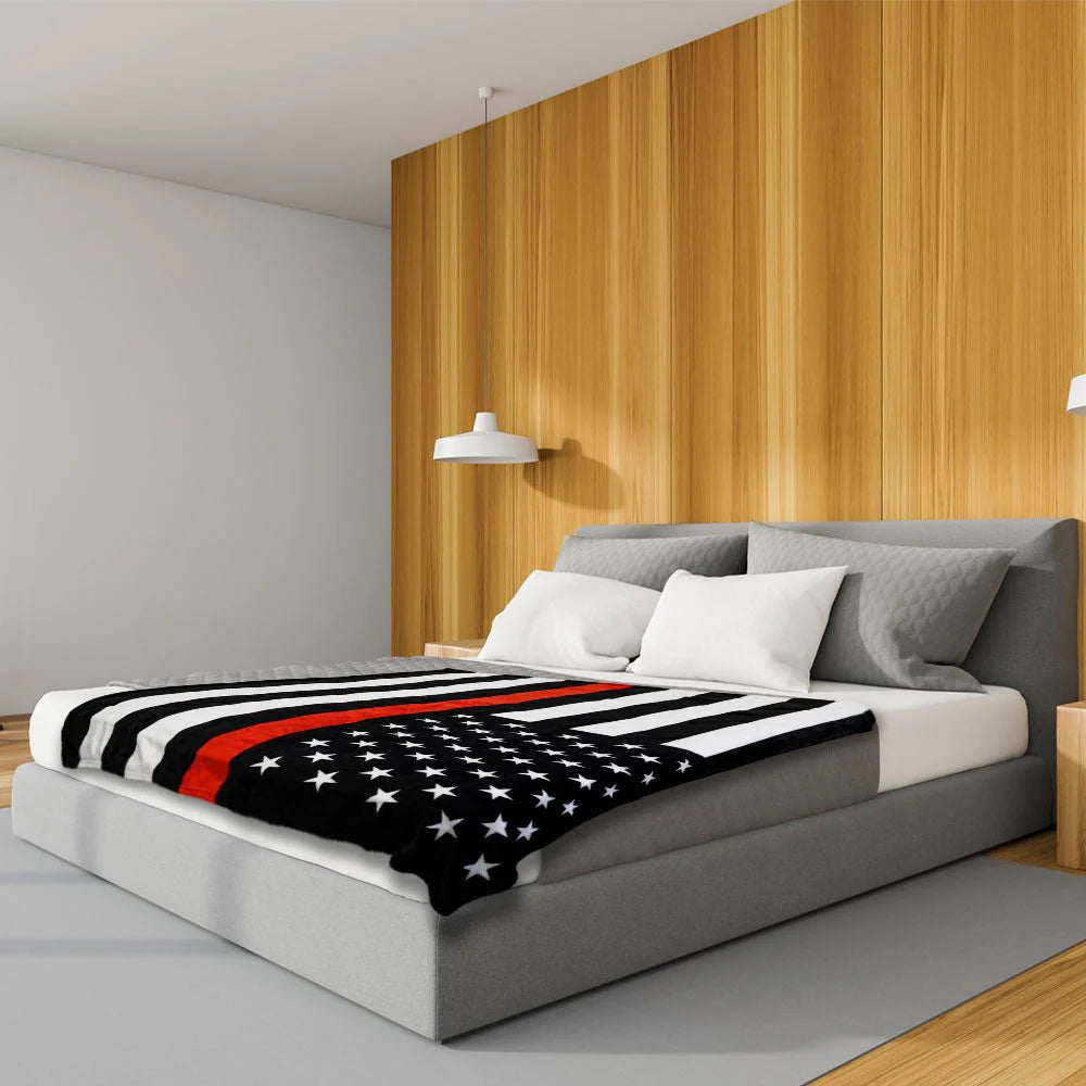 Thin red line American flag plush blanket on modern bed, Proud & Free home decor