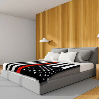 Thin red line American flag plush blanket on modern bed, Proud & Free home decor
