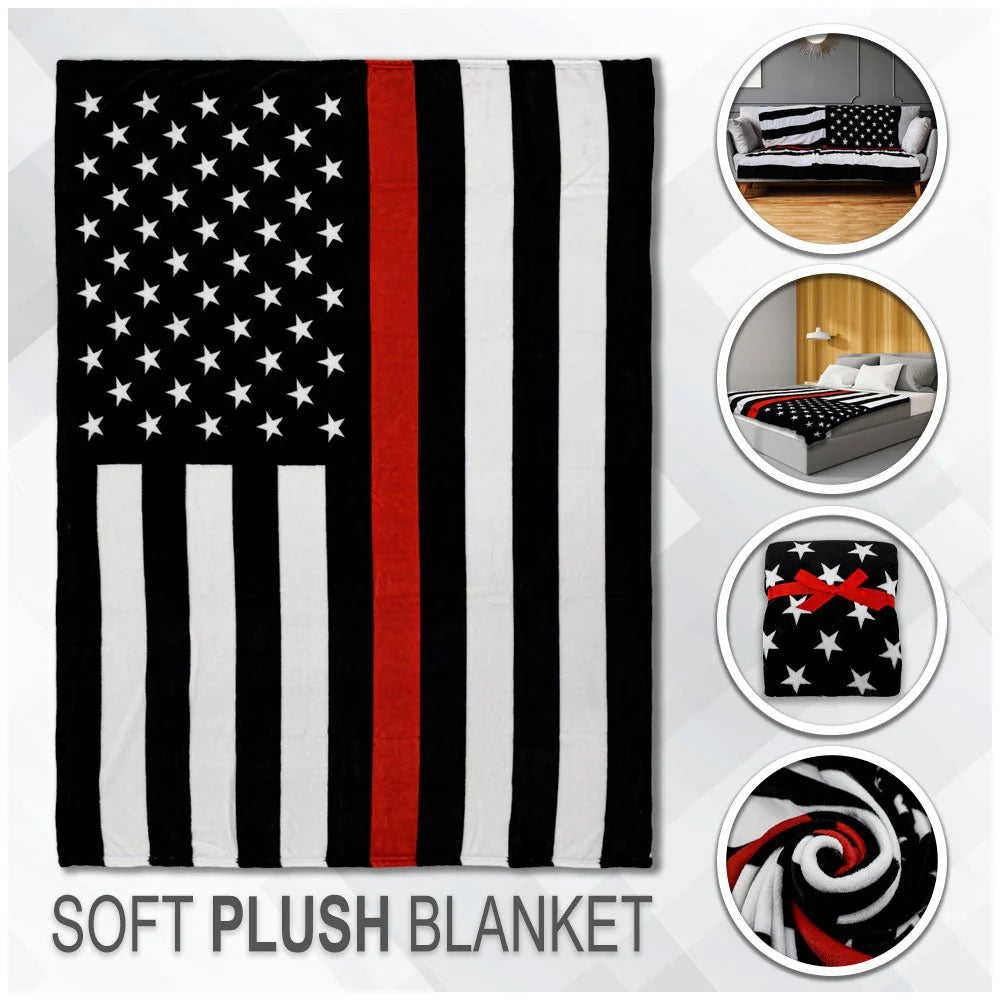 Thin red line flag soft plush blanket displayed on bed, couch, and folded, Proud & Free décor