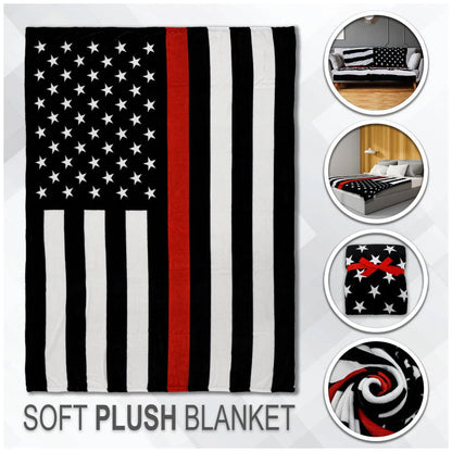 Thin red line flag soft plush blanket displayed on bed, couch, and folded, Proud & Free décor