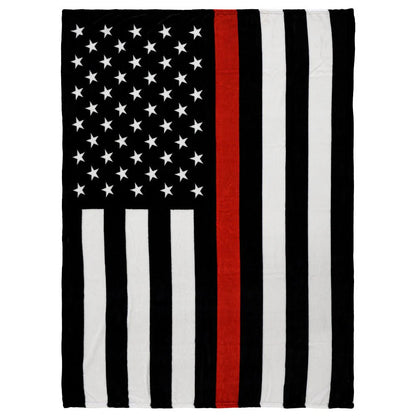 Thin red line American flag plush blanket with black, white, and one red stripe pattern