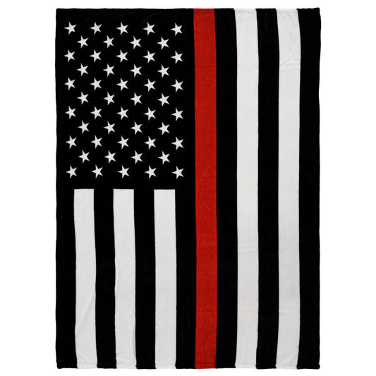 Thin red line American flag plush blanket with black, white, and one red stripe pattern
