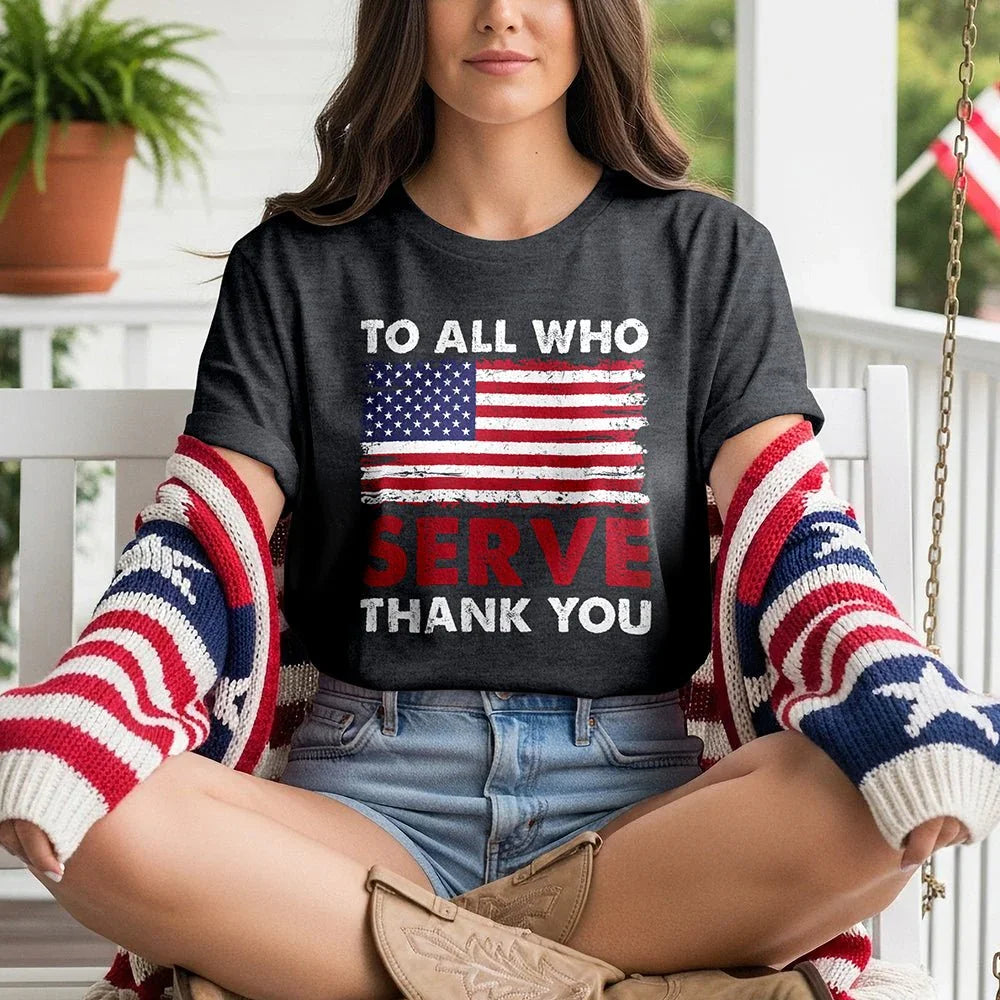 Woman wearing a 'To All Who Serve Thank You' American flag t-shirt and patriotic cardigan on porch