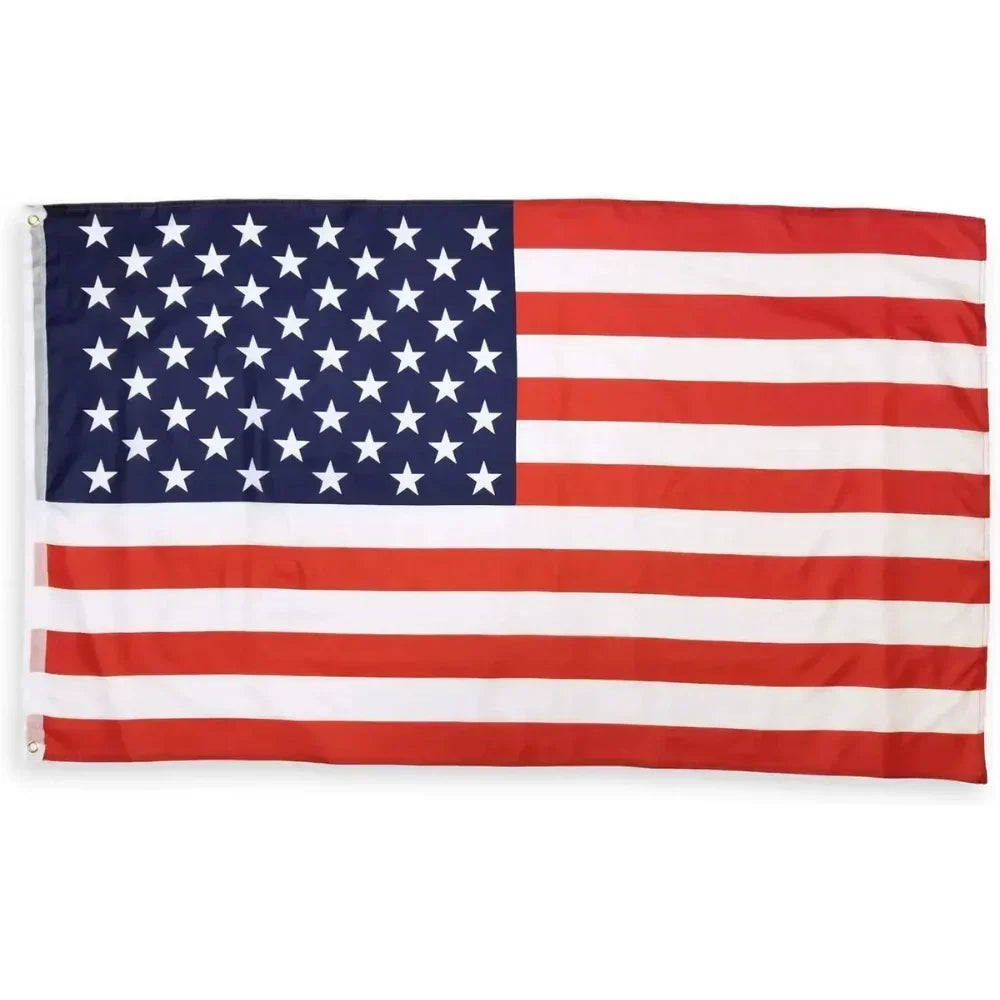 American flag with red and white stripes and 50 white stars on a blue field