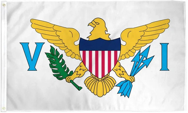 US Virgin Islands flag with golden eagle, shield, olive branch, arrows, and blue letters VI