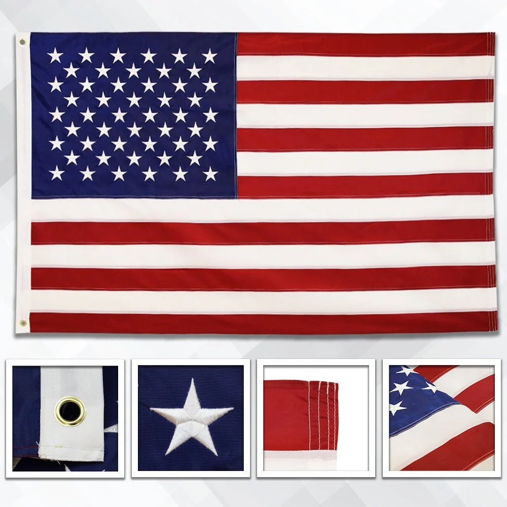 USA embroidered flag 3x5ft with brass grommets, detailed stitching, and star closeup