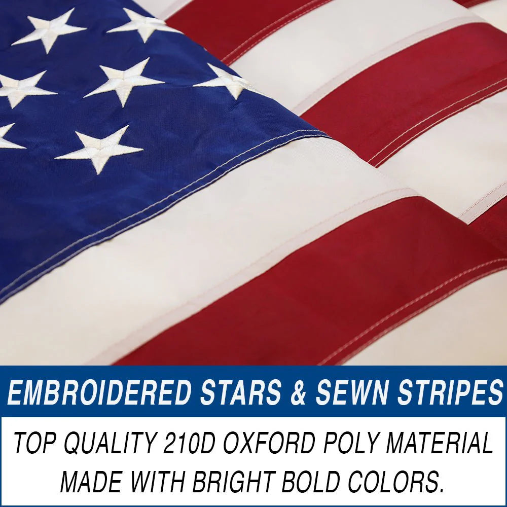 USA embroidered flag 3x5ft with sewn stripes, bright bold colors, quality Oxford polyester.