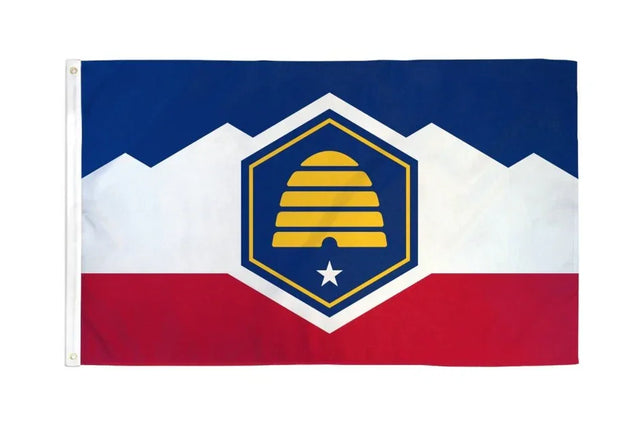 Utah state flag with beehive emblem, blue, white, and red stripes on Proud & Free store