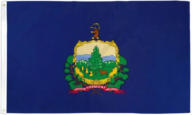 Vermont state flag with blue field, state coat of arms, pine tree, cow, and motto banner