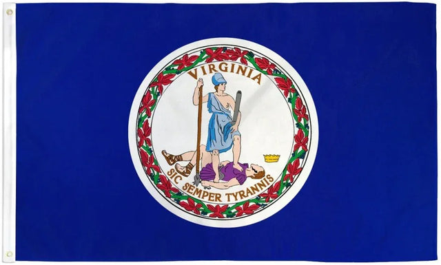 Virginia state flag with blue field, state seal, and Sic Semper Tyrannis motto, Proud & Free