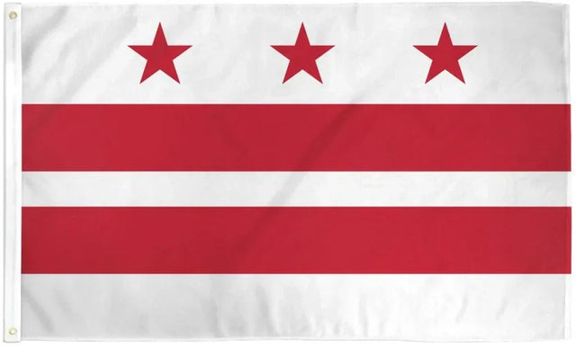 Washington DC flag with three red stars above two red stripes on a white background