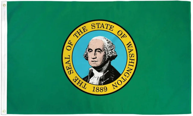 Washington state flag with green background and state seal featuring George Washington