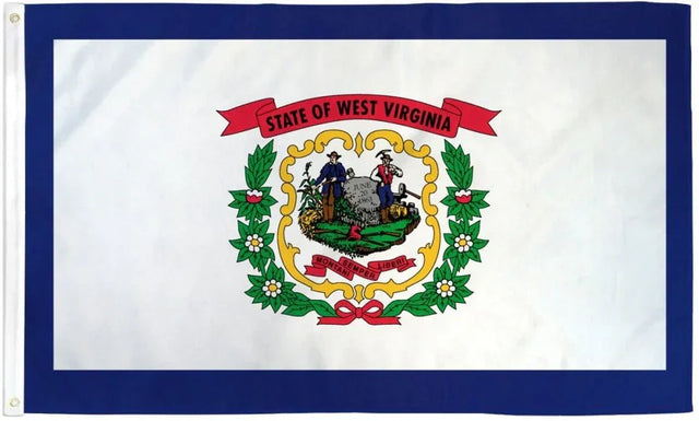 West Virginia state flag, blue border, white field, state seal with two men and wreath