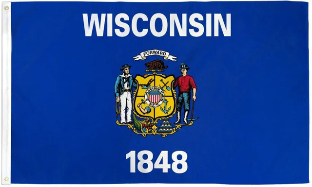 Wisconsin state flag with seal, blue background, and white text reading 1848
