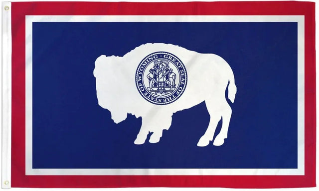 Wyoming state flag with white bison and state seal on blue background, red border